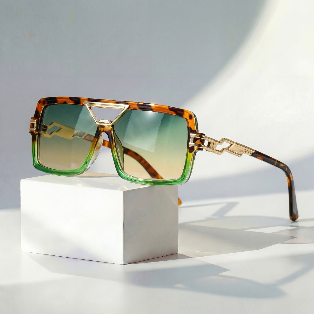Sunglasses Chain Link Retro Square UV Protection Gold Accent - Green