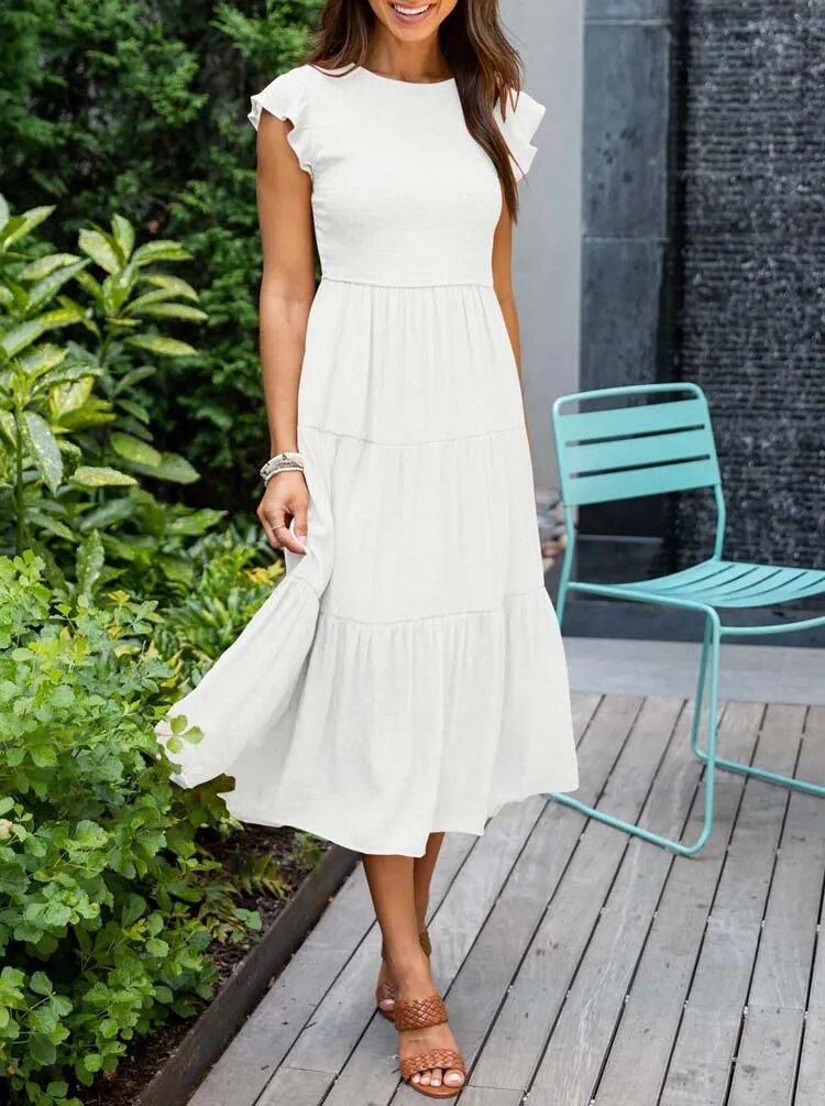 Tiered Maxi Dress Cap Sleeve Tummy Control - White