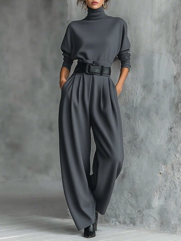 Turtleneck Jumpsuit Set Long Sleeve High Waist Belt - Grey