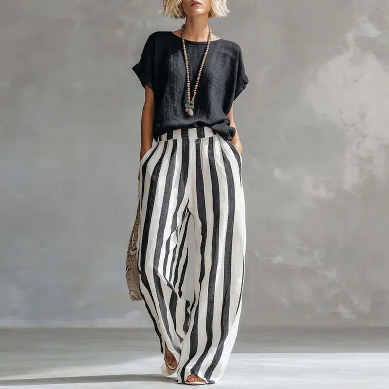 Two Piece Linen Set Wide Leg Pants Short Sleeve Top - Black