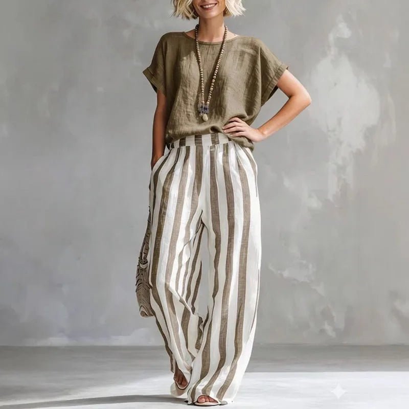 Two Piece Linen Set Wide Leg Pants Short Sleeve Top - Khaki