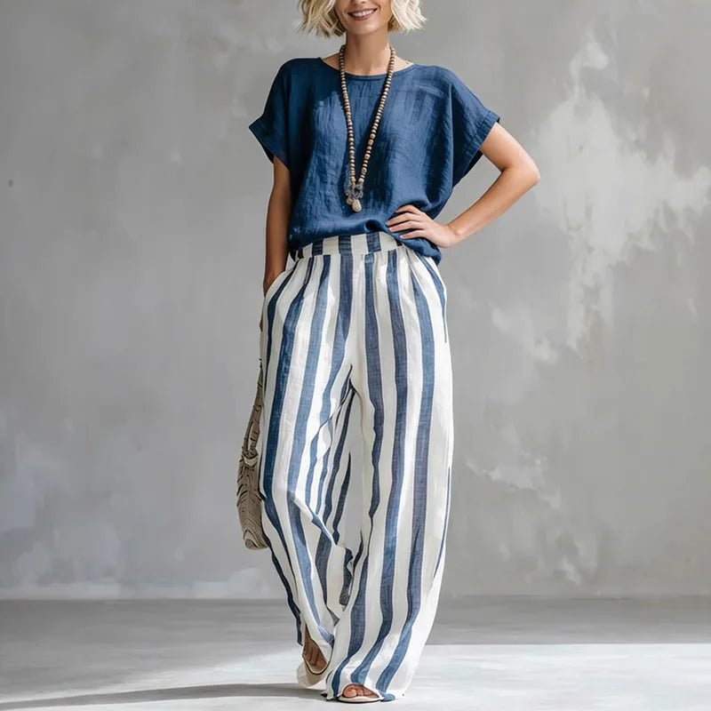 Two Piece Linen Set Wide Leg Pants Short Sleeve Top - Dark Blue