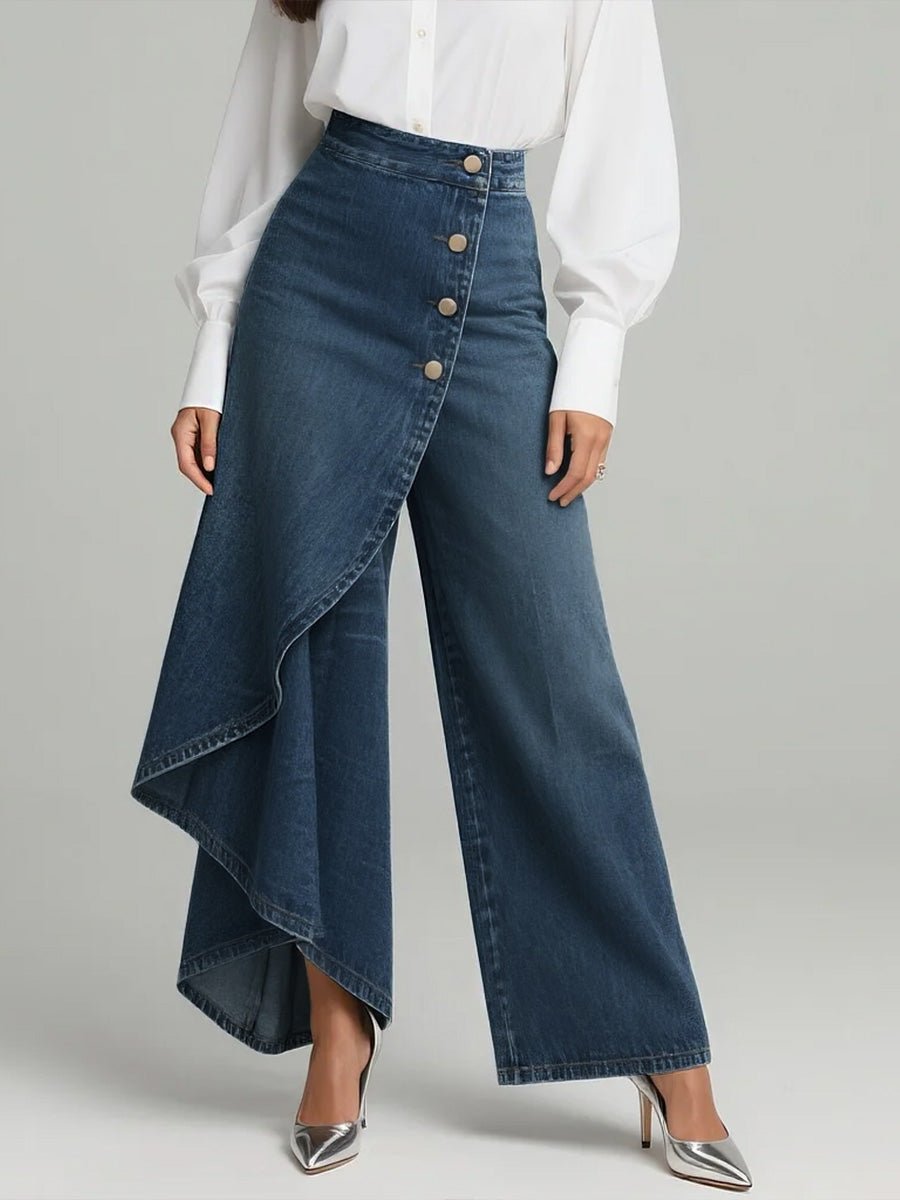 Wide Leg Denim Pants High-Waisted Button Front Relaxed Fit - Marineblau