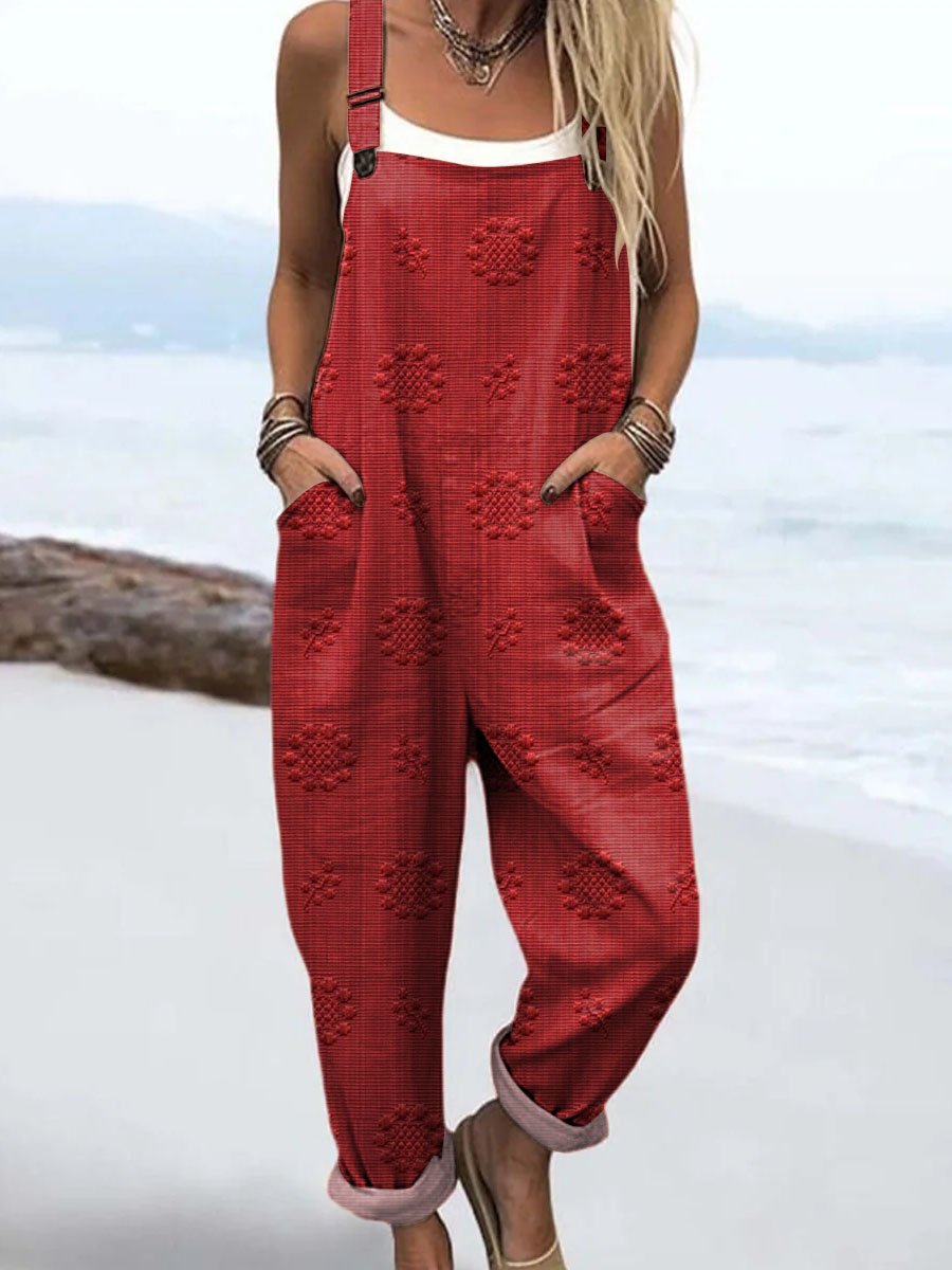 Wide Leg Jumpsuit Adjustable Straps Relaxed Fit Pockets - Red