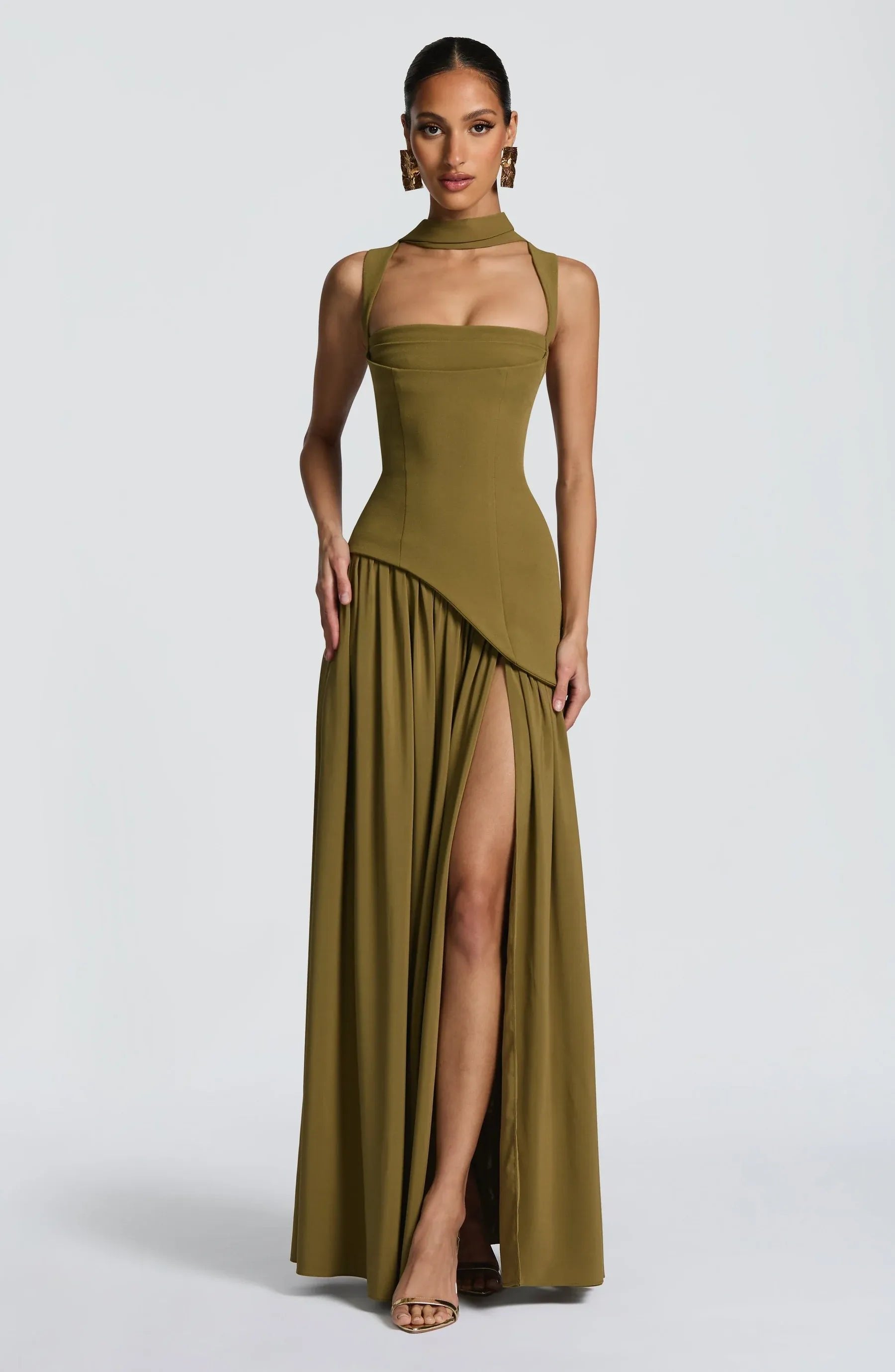 Women's A-Line Sleeveless Fitted-Waist Maxi Dress - Green