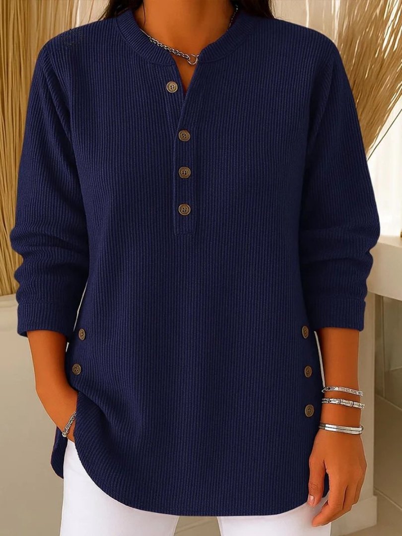 Women's Button Detail Sweater Ribbed Knit Long Sleeve - Dark Blue
