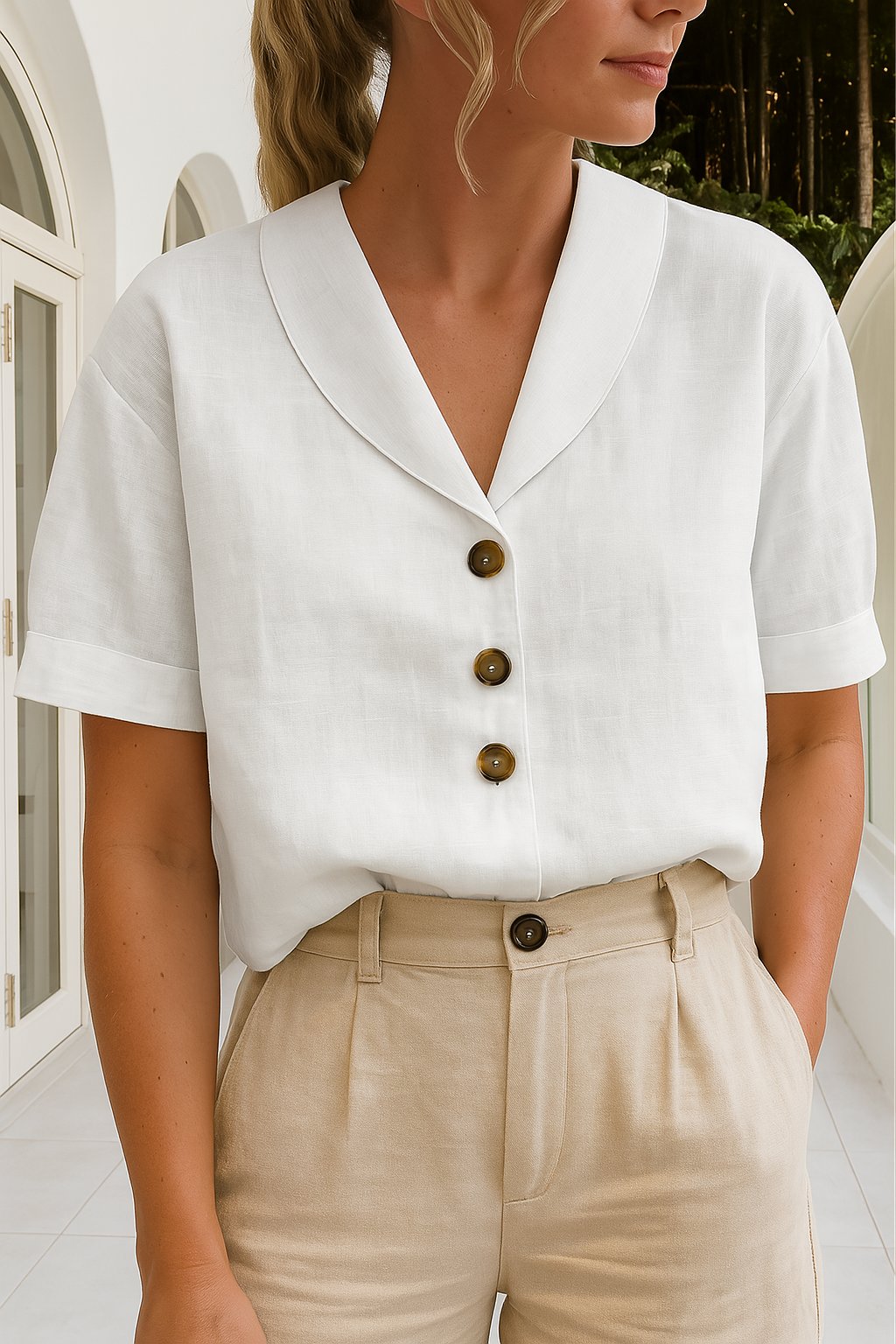 Women's Button-Front Blouse Short Sleeve V-Neck Top - White