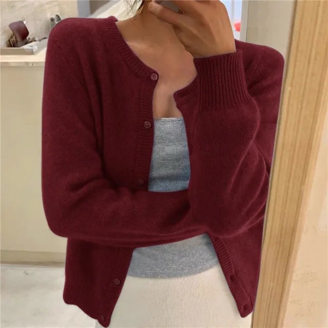 Women's Button Front Cardigan Cropped Relaxed Fit - Burgundy