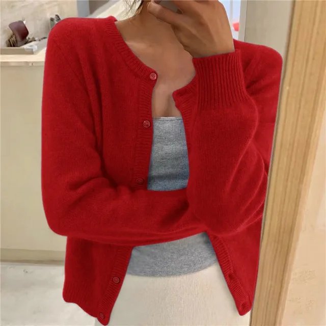 Women's Button Front Cardigan Cropped Relaxed Fit - Red