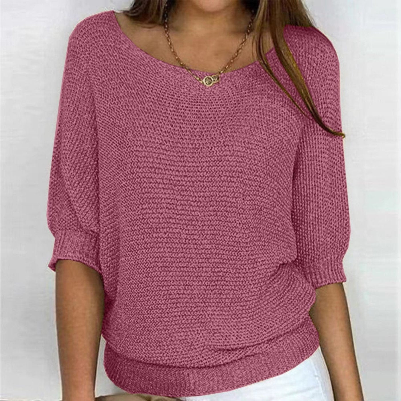 Women's Cotton Blend 3/4 Sleeve Sweater Oversized Knit - Mauve Pink