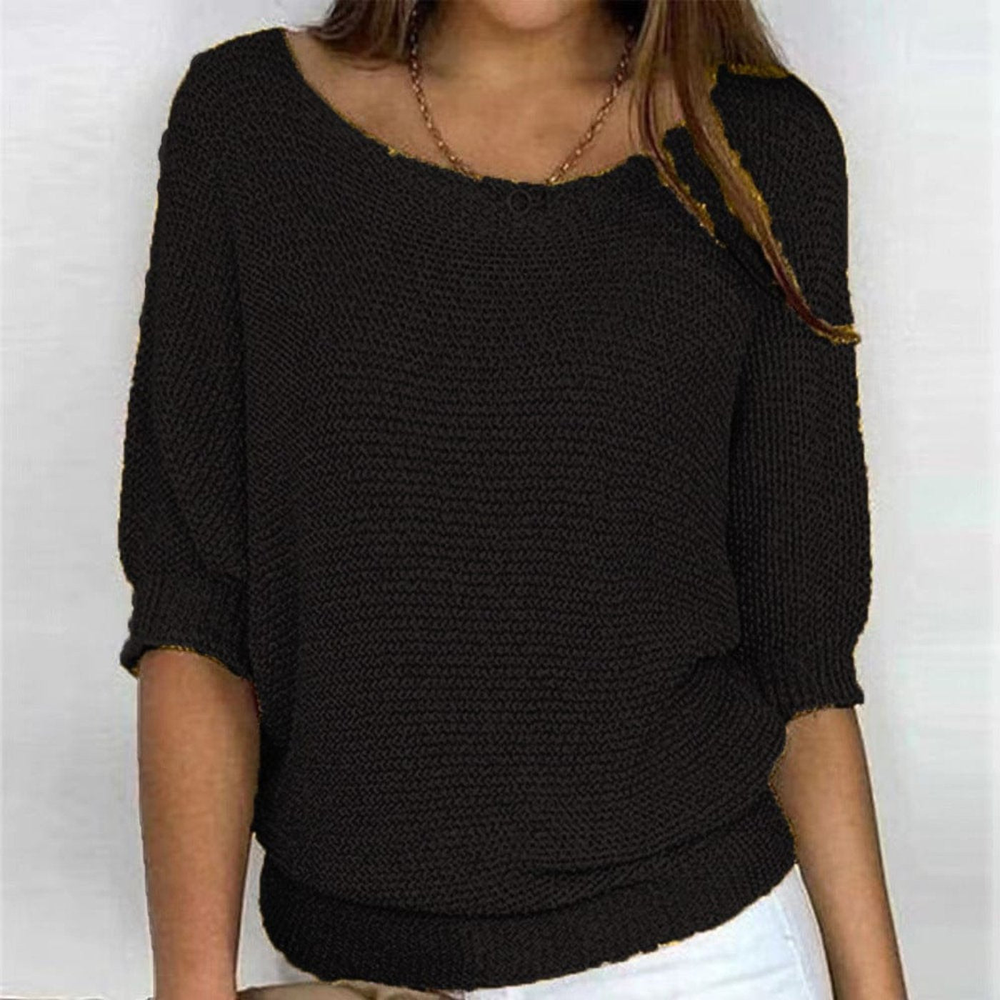 Women's Cotton Blend 3/4 Sleeve Sweater Oversized Knit - Black