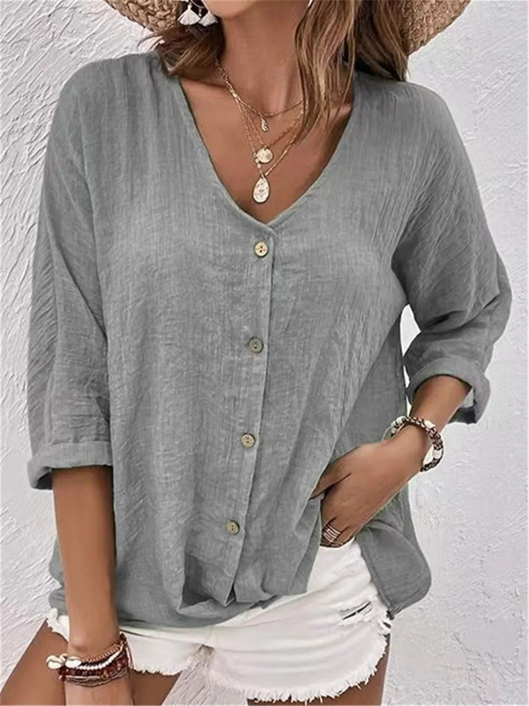 Women's Cotton V-Neck Button-Front Top Three-Quarter Sleeve - Light Gray