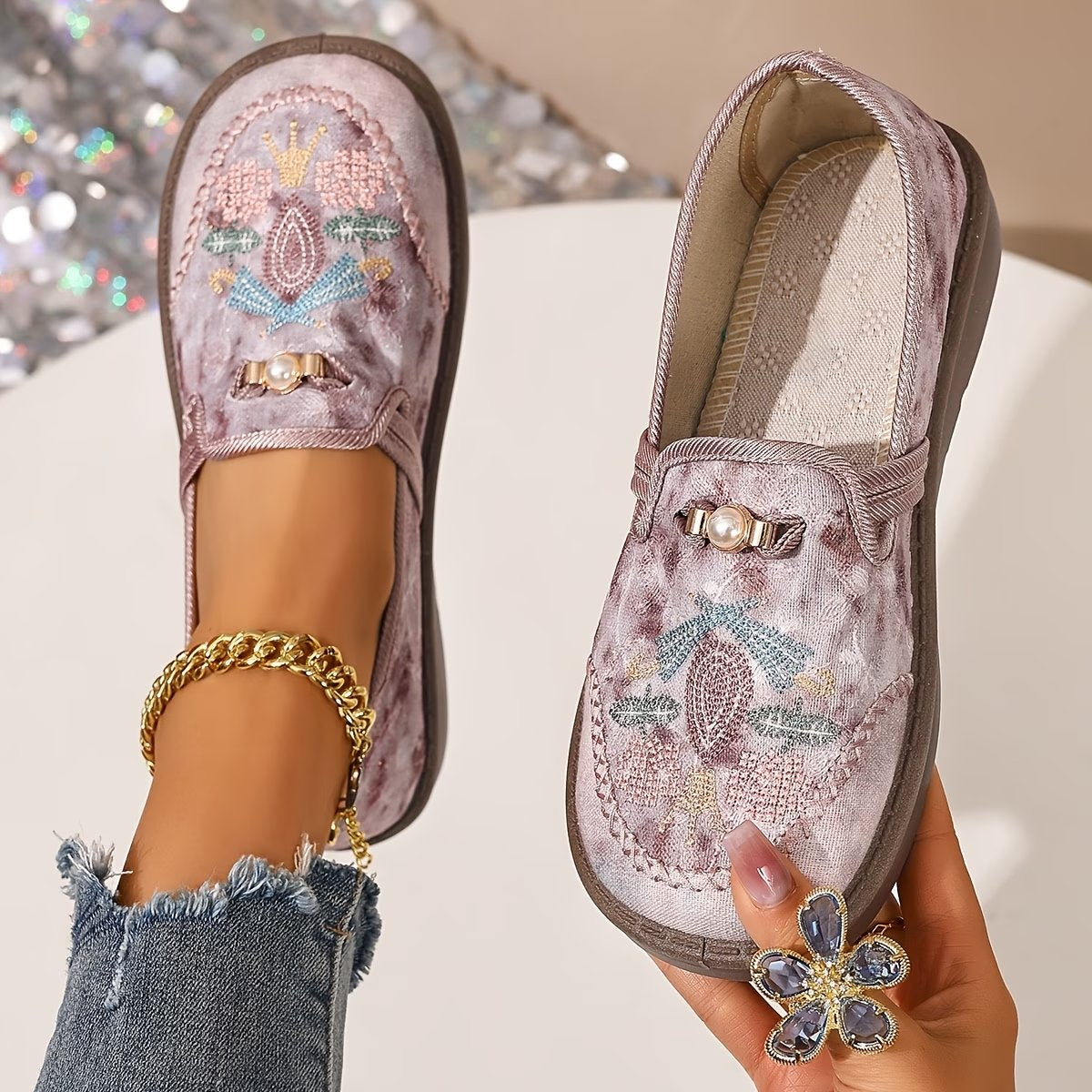 Women's Embroidered Floral Slip-On Loafers - Pink