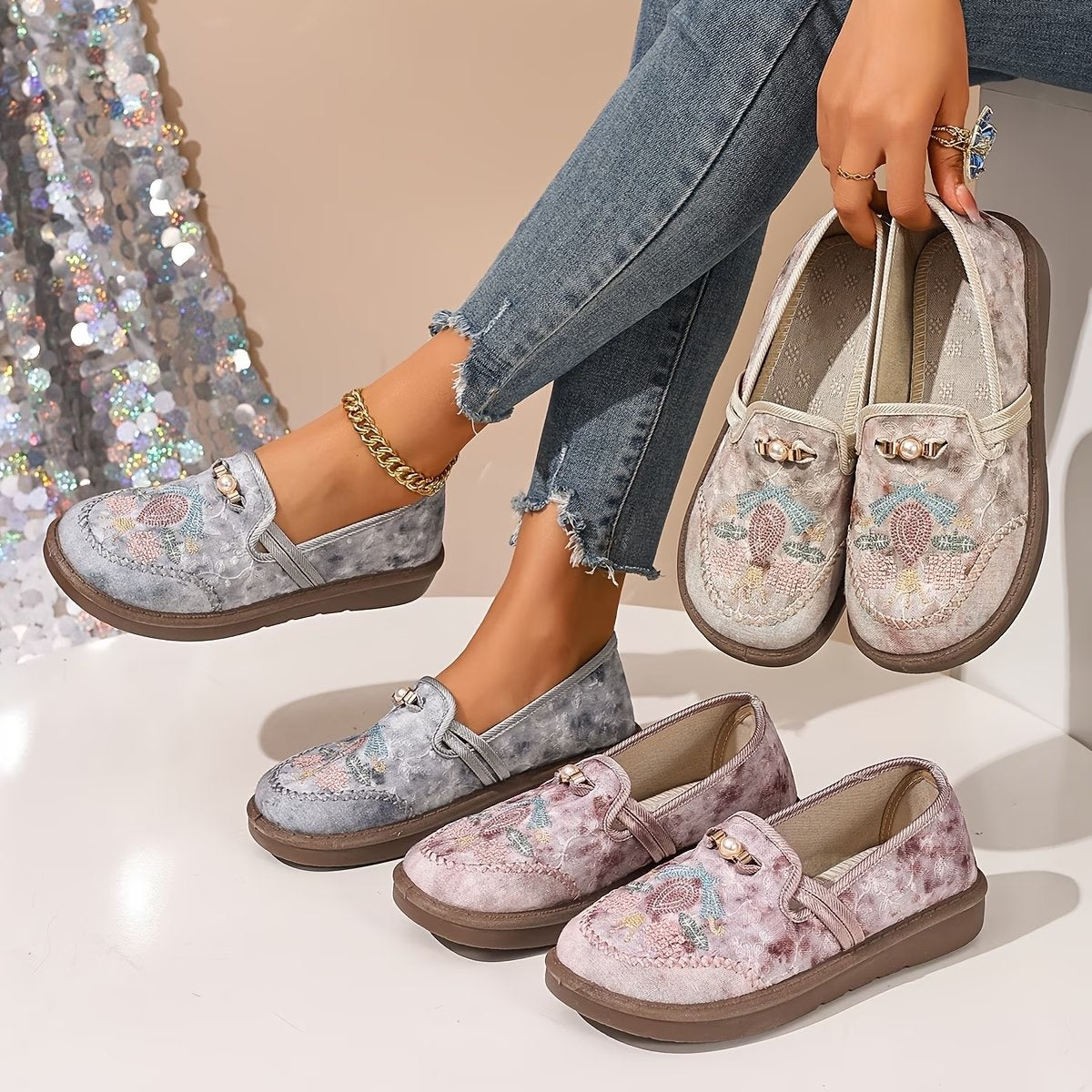 Evelyn | Women's Embroidered Floral Slip-On Loafers
