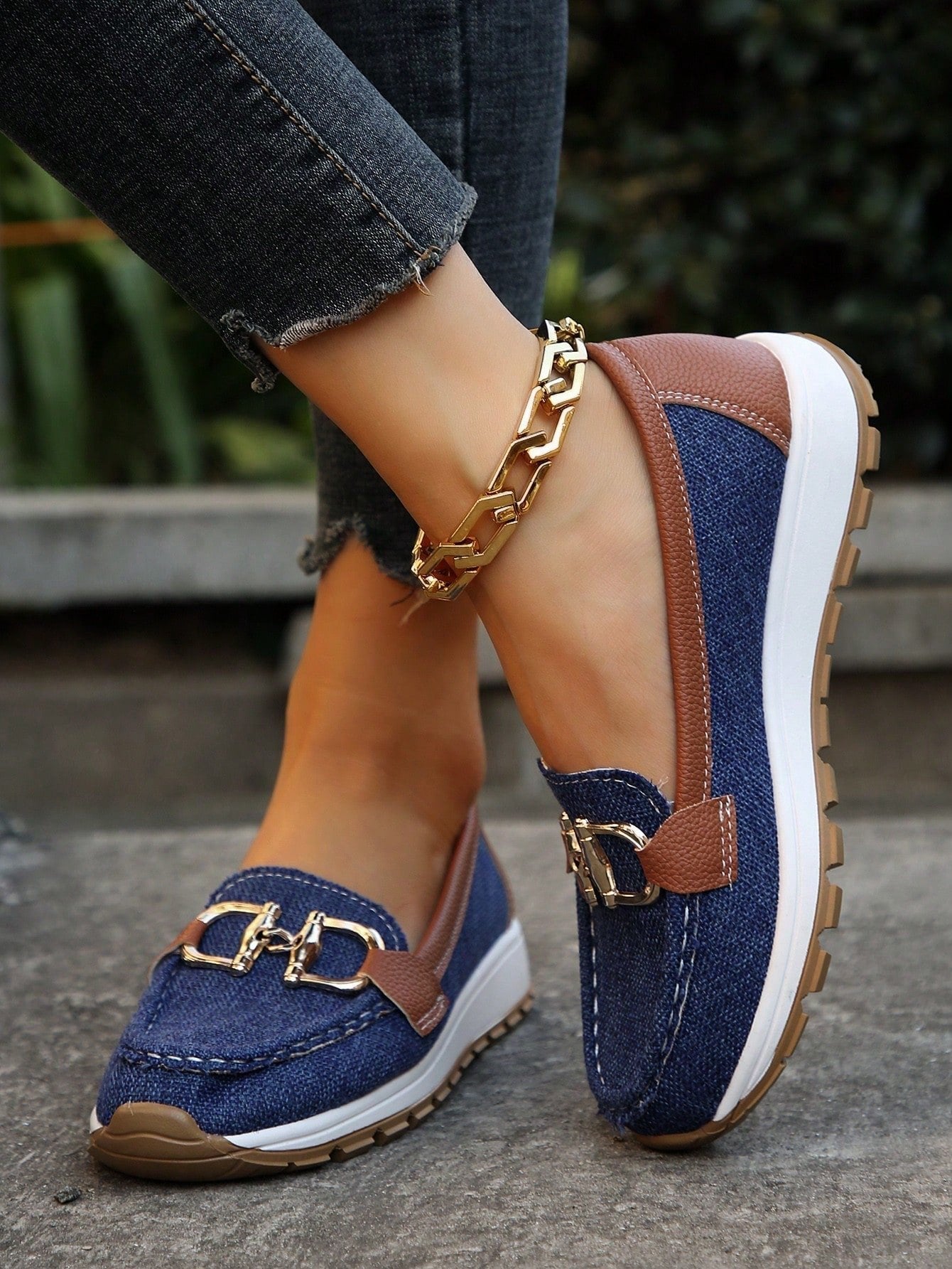 Women's Flat Loafers Slip-On Buckle Comfort Walking Shoes - Blue