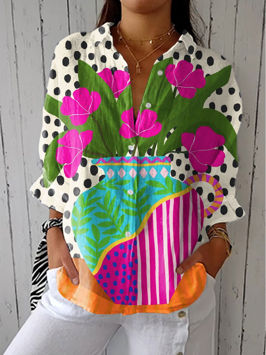 Women's Floral Print Button Front Blouse V-Neck - Multicolor