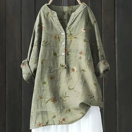 Women's Floral Tunic Top Long Sleeve Button-Up - Green
