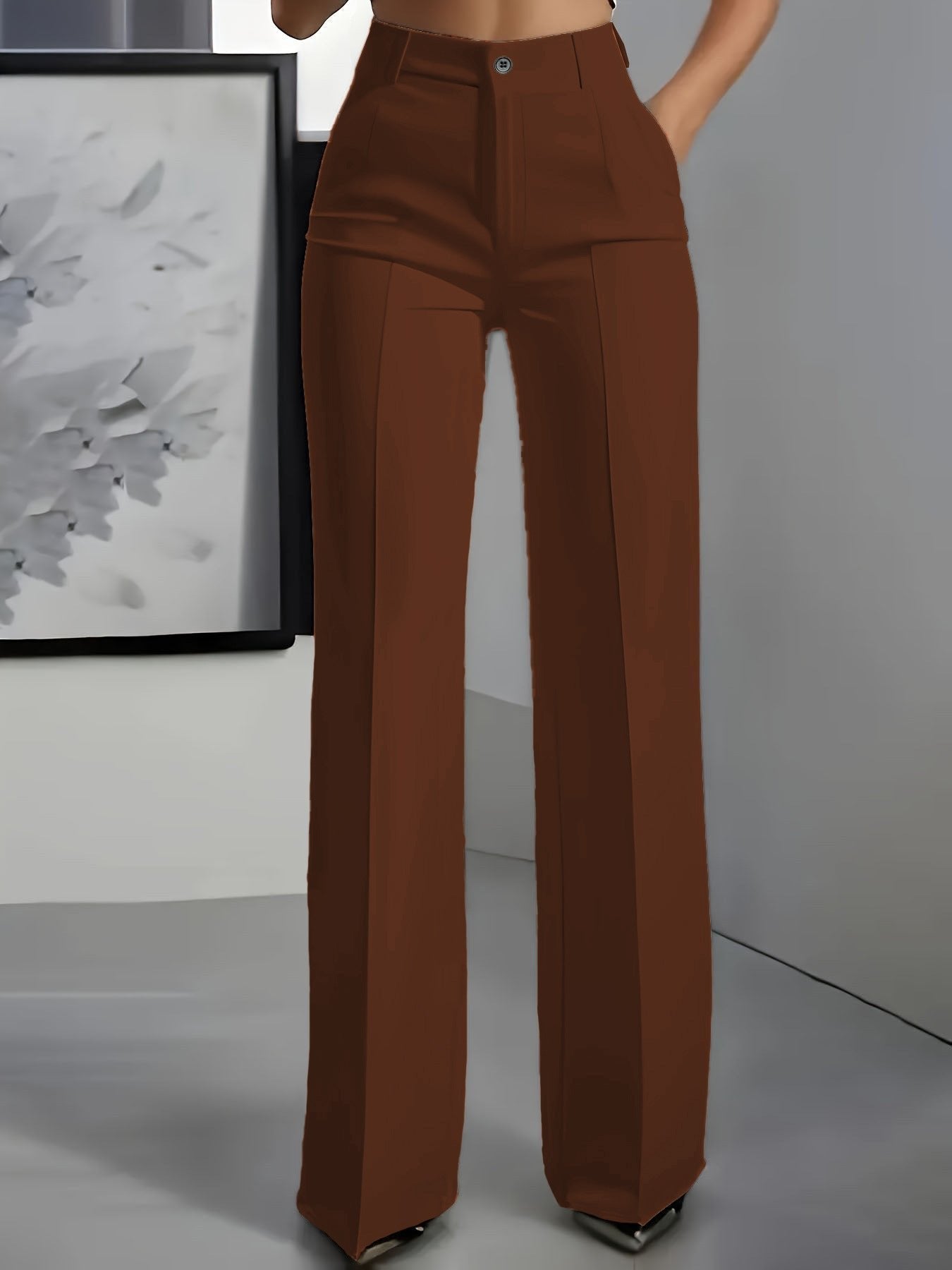 Women's High Waisted Wide Leg Pants Front Pleat Straight Fit - Braun