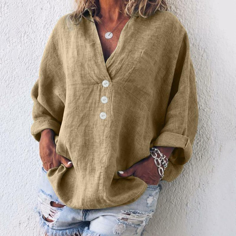 Women's Linen Button Down Blouse V-Neck Roll Tab Sleeves - Khaki