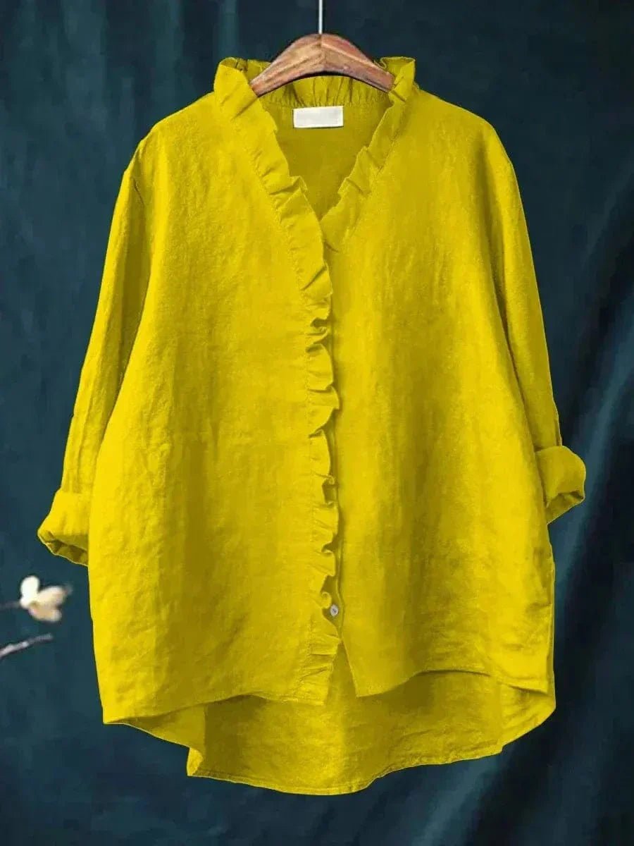 Women's Linen Ruffle Blouse Relaxed Fit Breathable Summer - Yellow