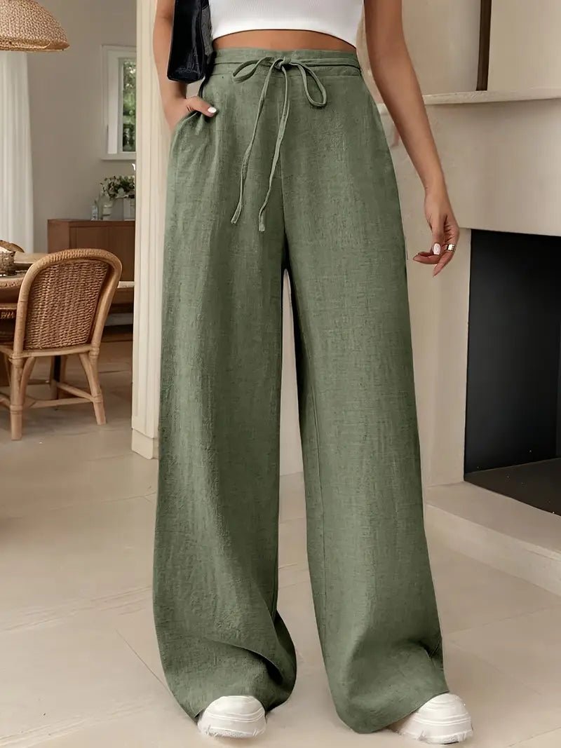 Women's Linen Wide Leg Pants High Waisted Drawstring - Matcha