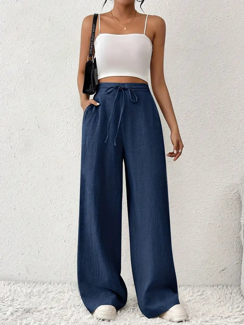 Women's Linen Wide Leg Pants High Waisted Drawstring - Blue