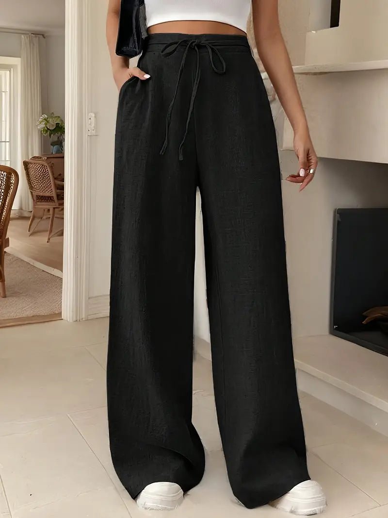 Women's Linen Wide Leg Pants High Waisted Drawstring - Black