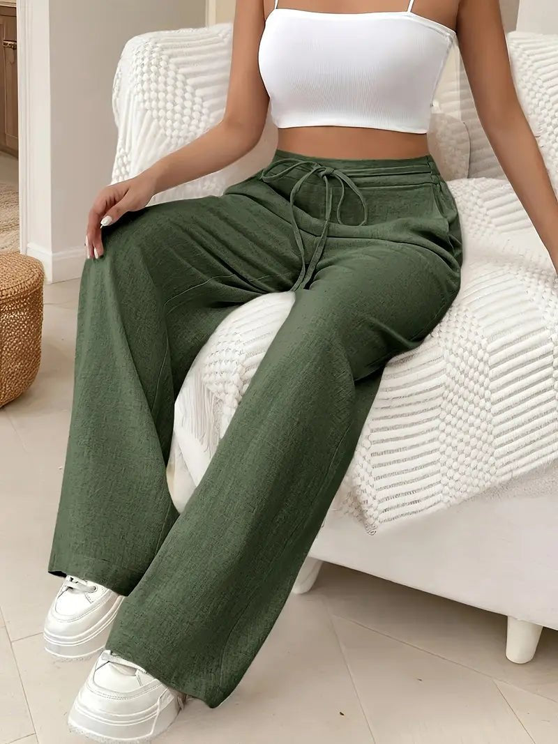 Women's Linen Wide Leg Pants High Waisted Drawstring - Green