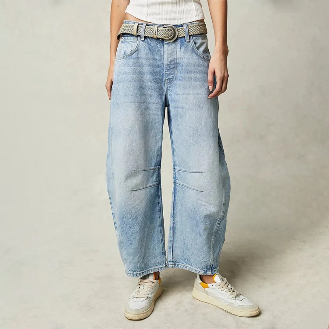 Women's Mid-Rise Heavyweight Denim Cropped Barrel Leg Jeans - Light Blue