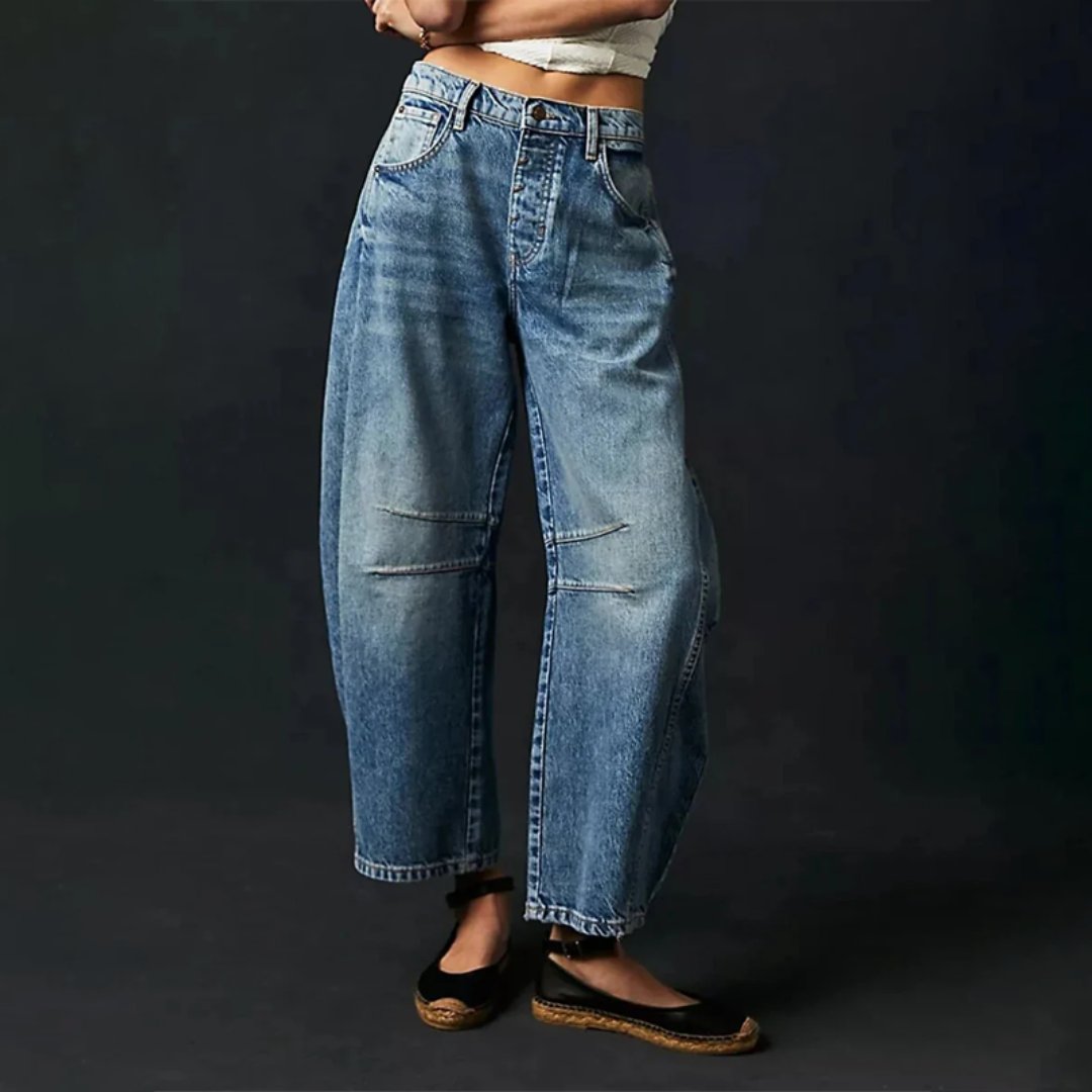 Women's Mid-Rise Heavyweight Denim Cropped Barrel Leg Jeans - Dark Blue