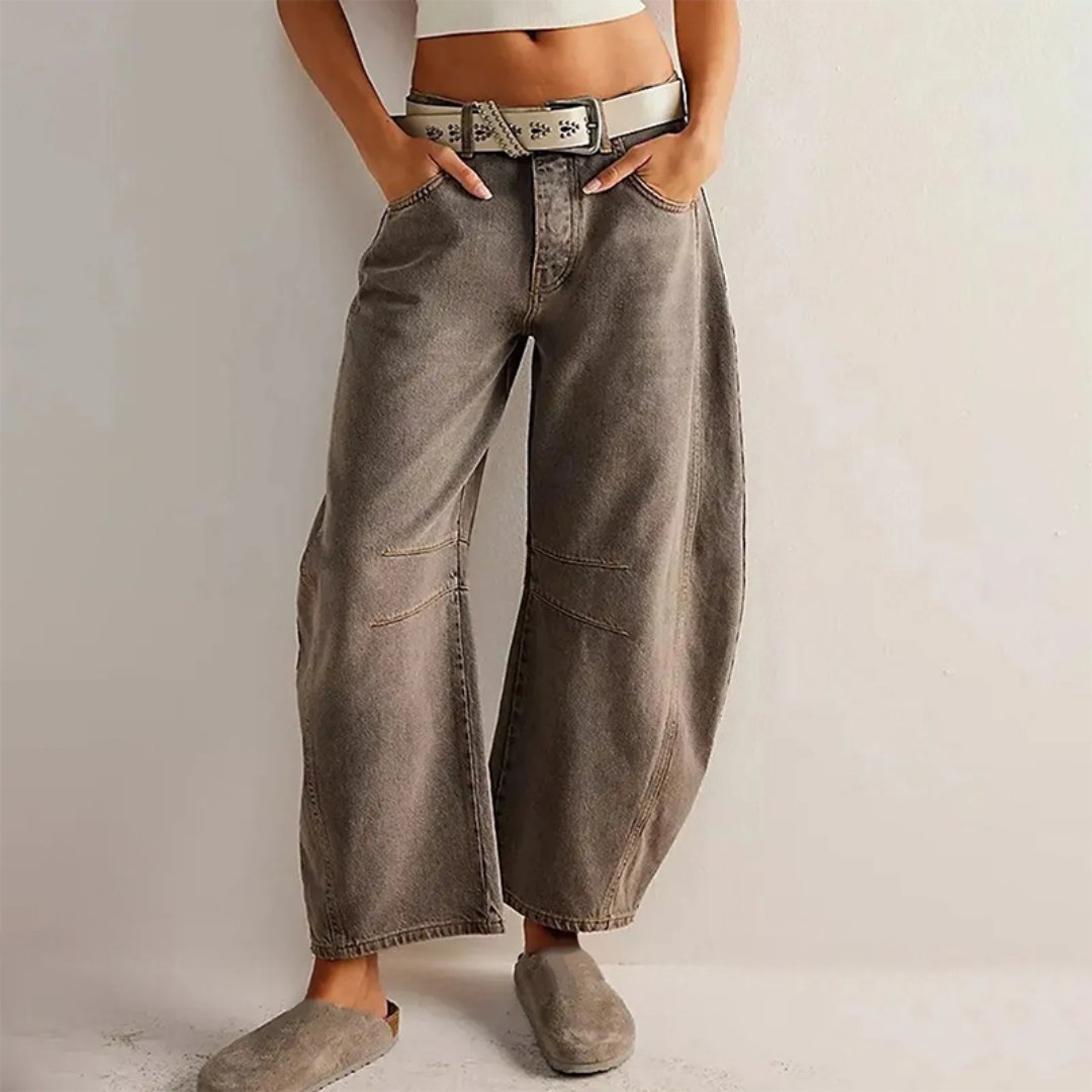 Women's Mid-Rise Heavyweight Denim Cropped Barrel Leg Jeans - Taupe