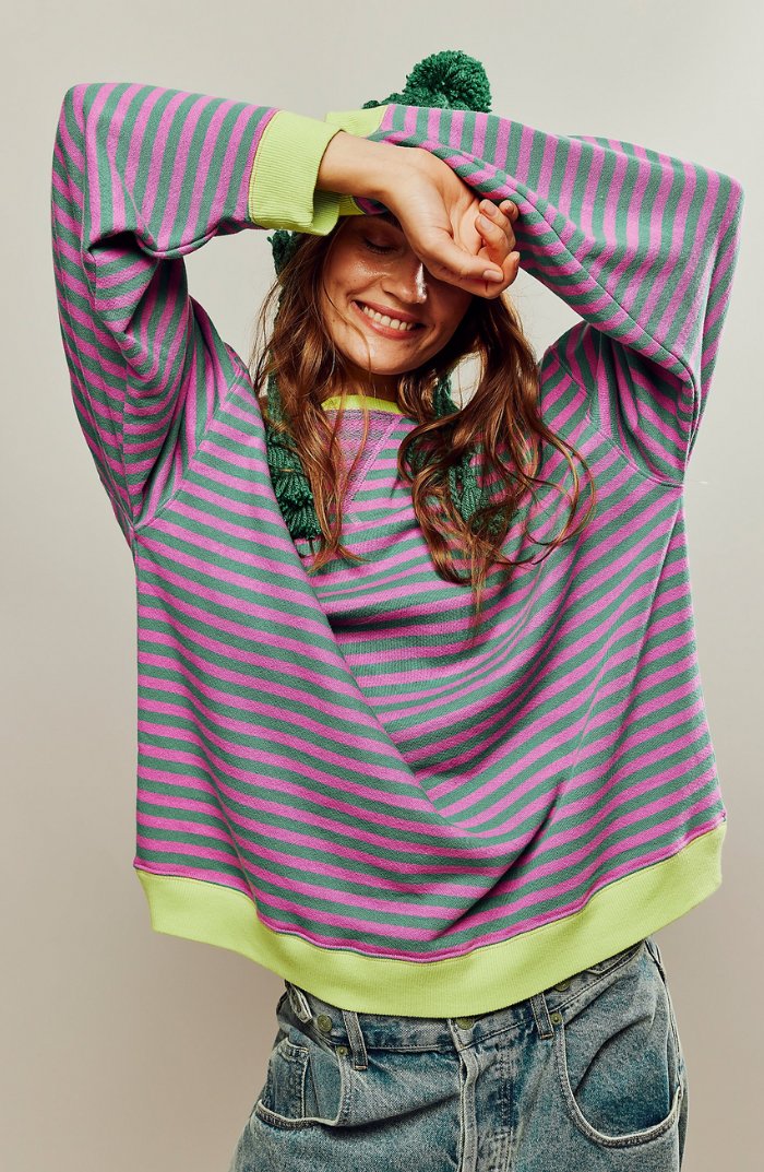 Women's Oversized Drop-Shoulder Striped Contrast-Trim Sweatshirt - Green & Pink
