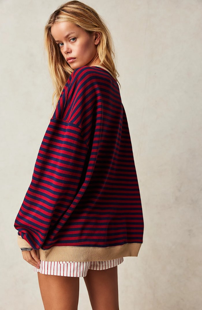 Victoria | Women's Oversized Drop-Shoulder Striped Contrast-Trim Sweatshirt