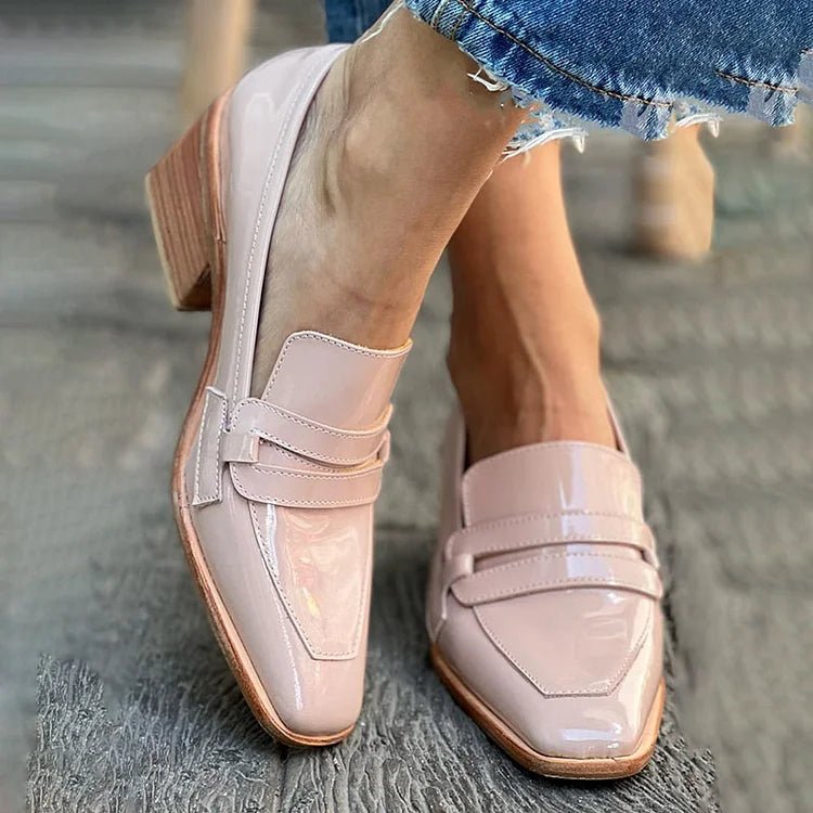 Women's Patent Leather Loafers Block Heel Slip-On Comfort - Pink