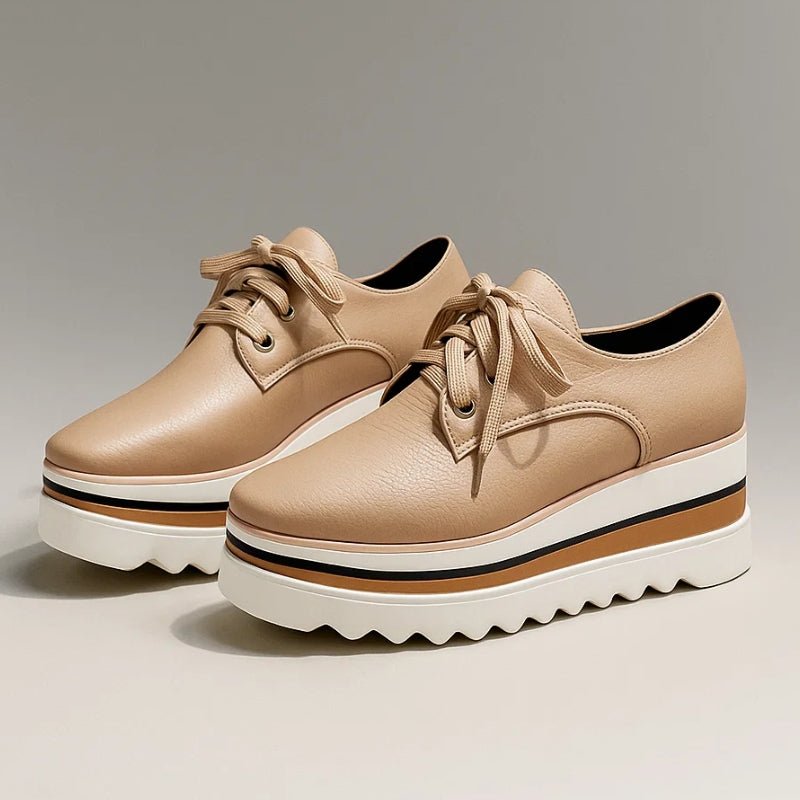 Women's Platform Oxford Shoes Lace Up Wedge Sneakers - Beige