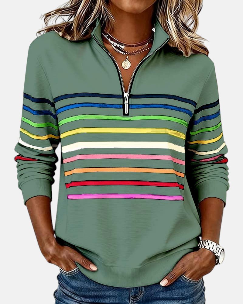 Women's Quarter Zip Sweatshirt Striped Long Sleeve Pullover - Green