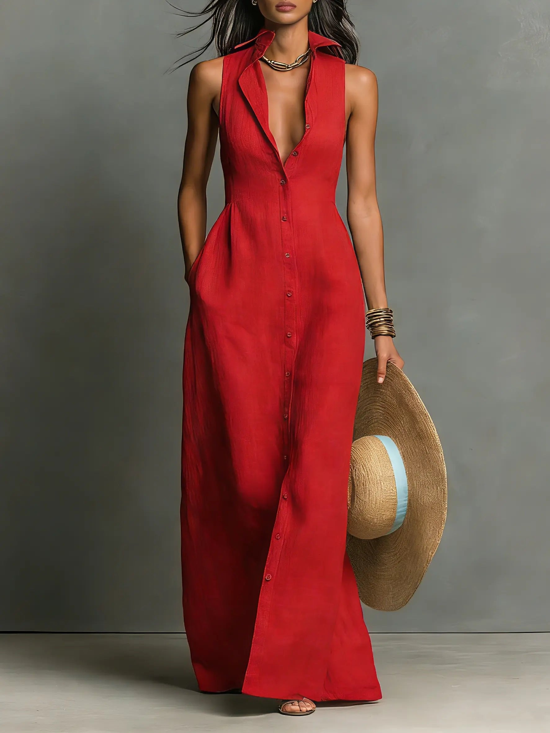 Women's Sleeveless Collared Linen Button-Front Maxi Dress - Red