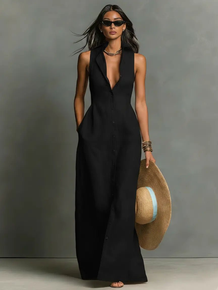 Women's Sleeveless Collared Linen Button-Front Maxi Dress - Black