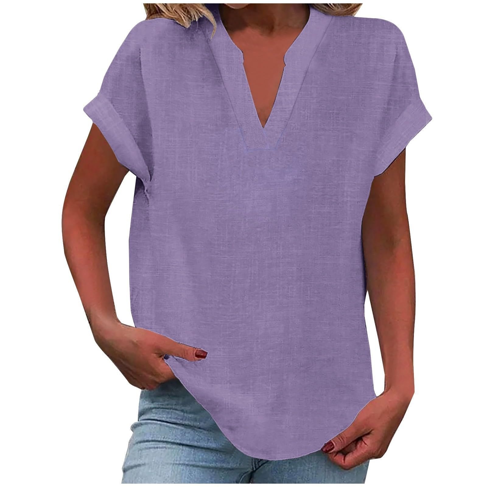 Women's V-Neck Blouse Relaxed Fit Short Sleeve - Light Purple