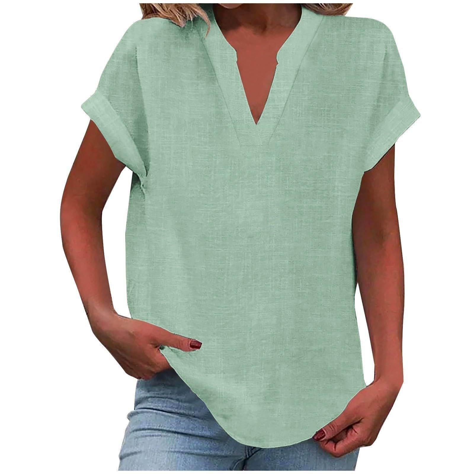 Women's V-Neck Blouse Relaxed Fit Short Sleeve - Light Green