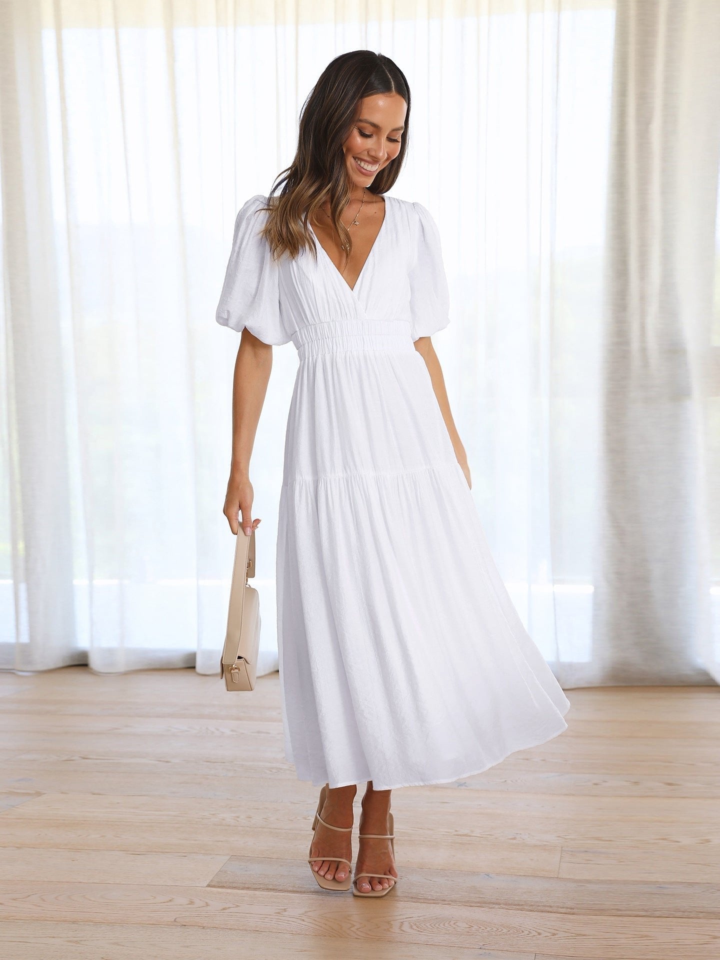 Women's V-Neck Puff Sleeve Midi Dress Smocked Waist - White