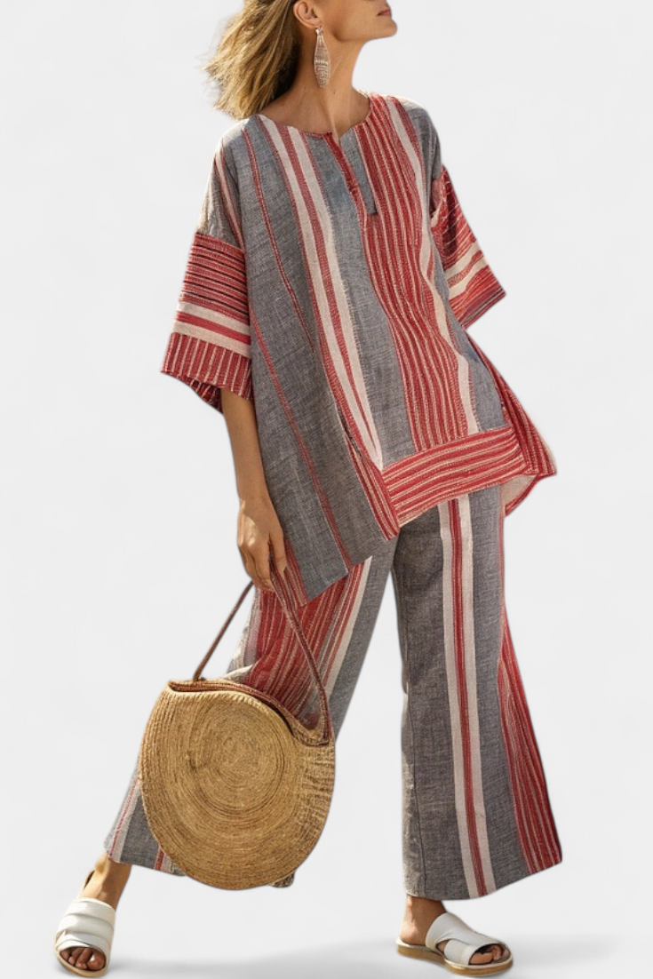 Bravine | Elegant Coral-Gray Linen Top & Wide-Leg Pants