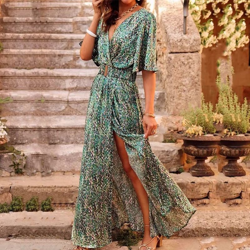 Boho Maxi Dress Deep V-Neck Wrap Style Summer - Green