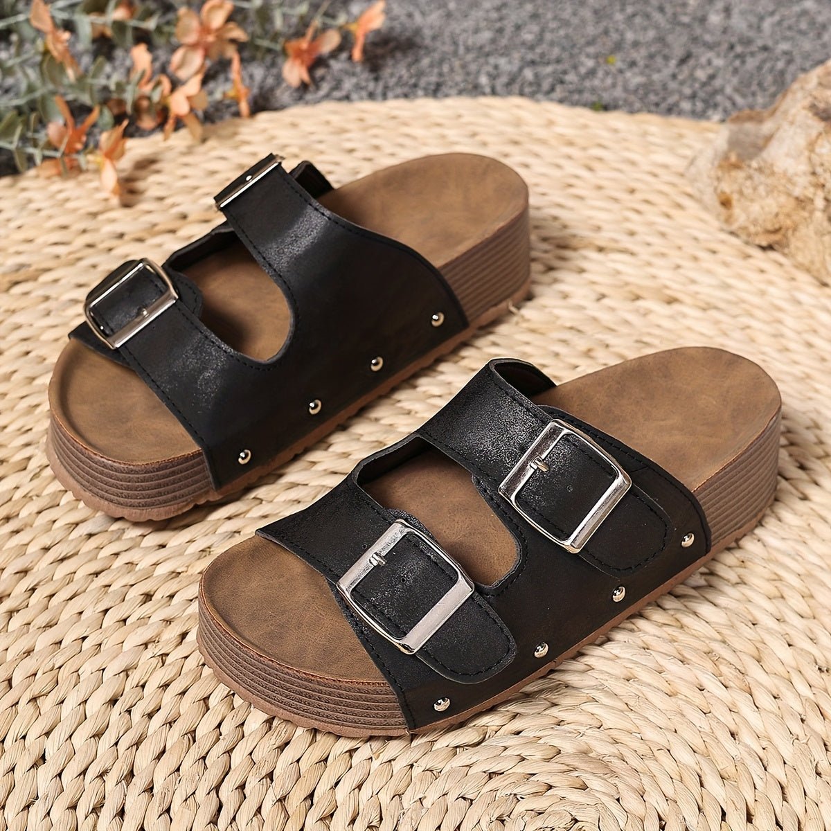 Cross-Strap Sandals Platform Buckle Cushioned Comfort - Black