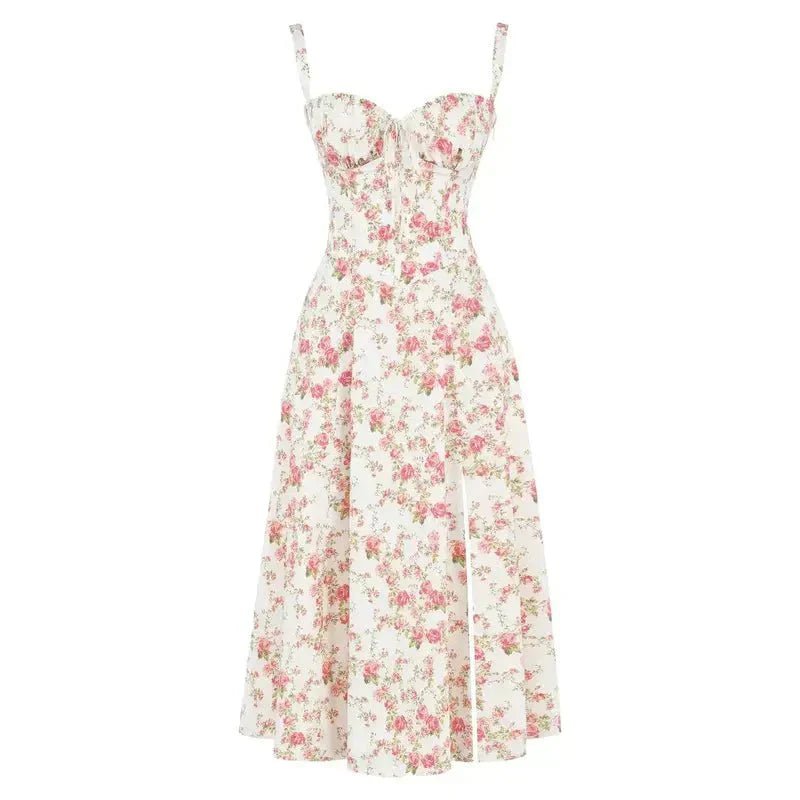 Amelia | Floral Corset Midi Dress Sweetheart Neckline