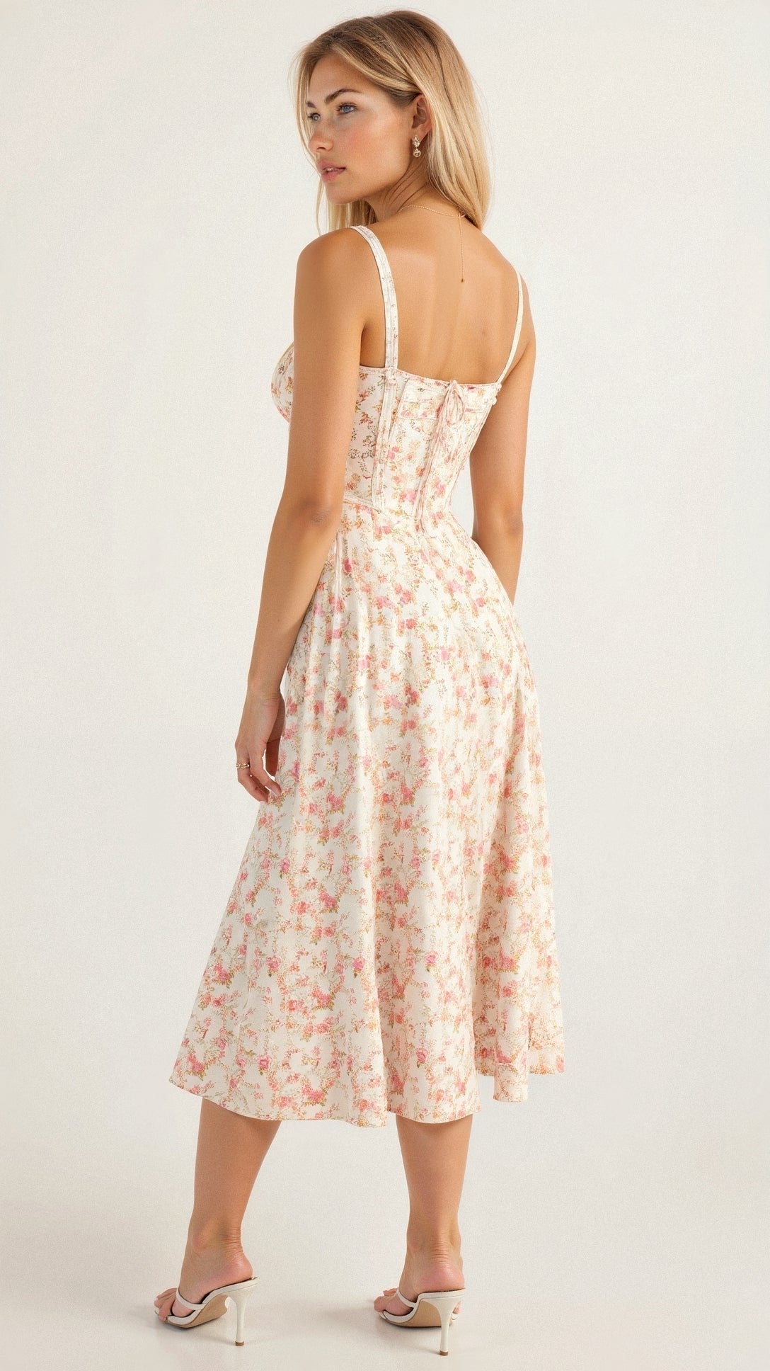 Amelia | Floral Corset Midi Dress Sweetheart Neckline