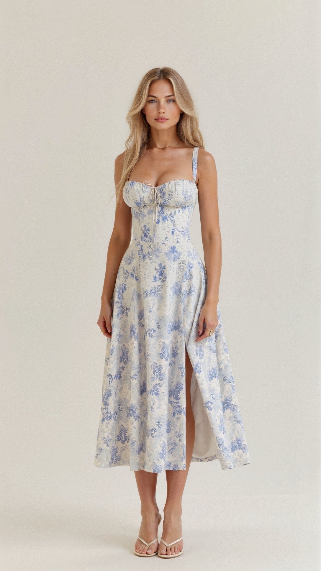 Floral Corset Midi Dress Sweetheart Neckline - Blue