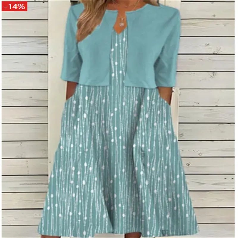 Floral Midi Dress 3/4 Sleeve Cotton Blend Casual - Grünblau