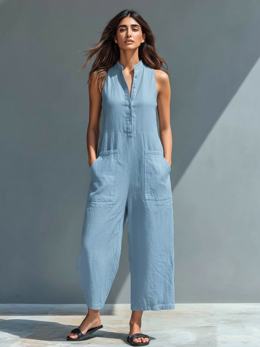 Jumpsuit Linen Blend Stand Collar Button-Up Sleeveless - Blue