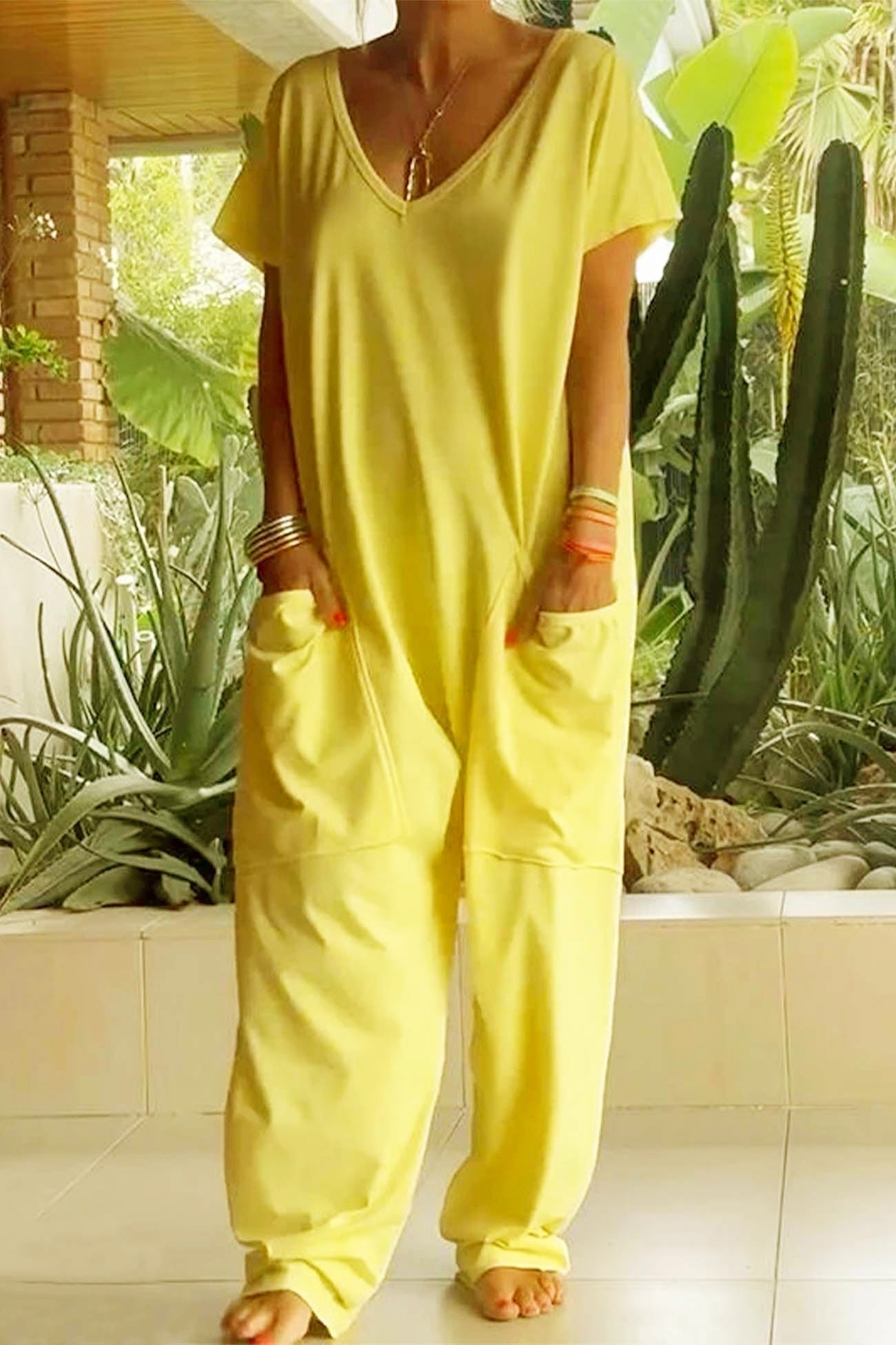 Linen Blend Jumpsuit V-Neck Short Sleeve Wide Leg Pockets - Sunflower Yellow